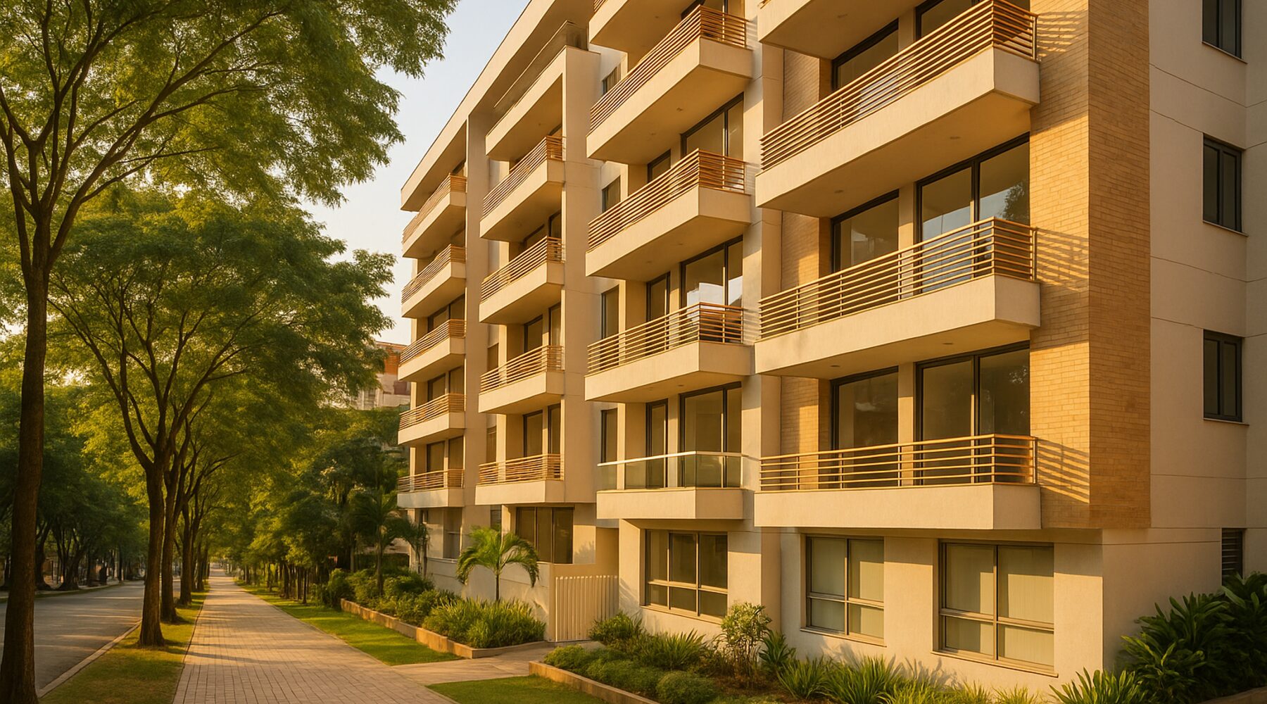 Fachada moderna y andén arbolado en un barrio de Bucaramanga