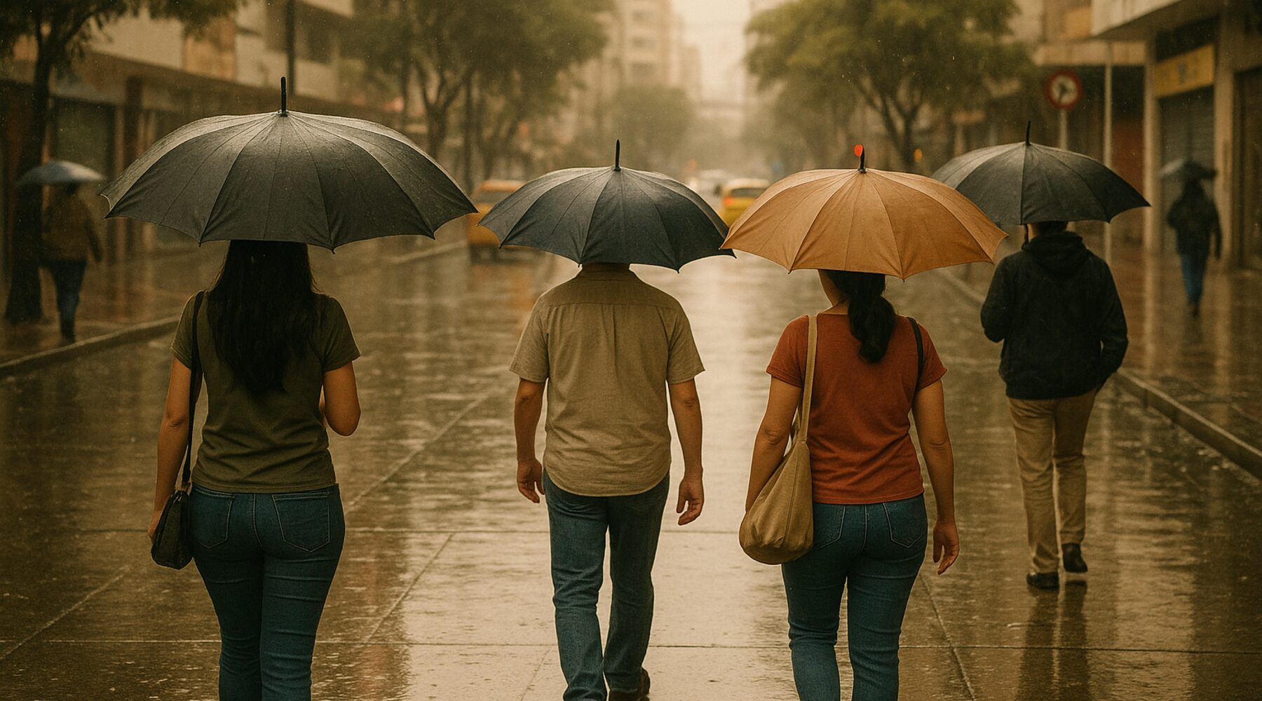 Lluvia ligera en la ciudad: paraguas y reflejos en el suelo