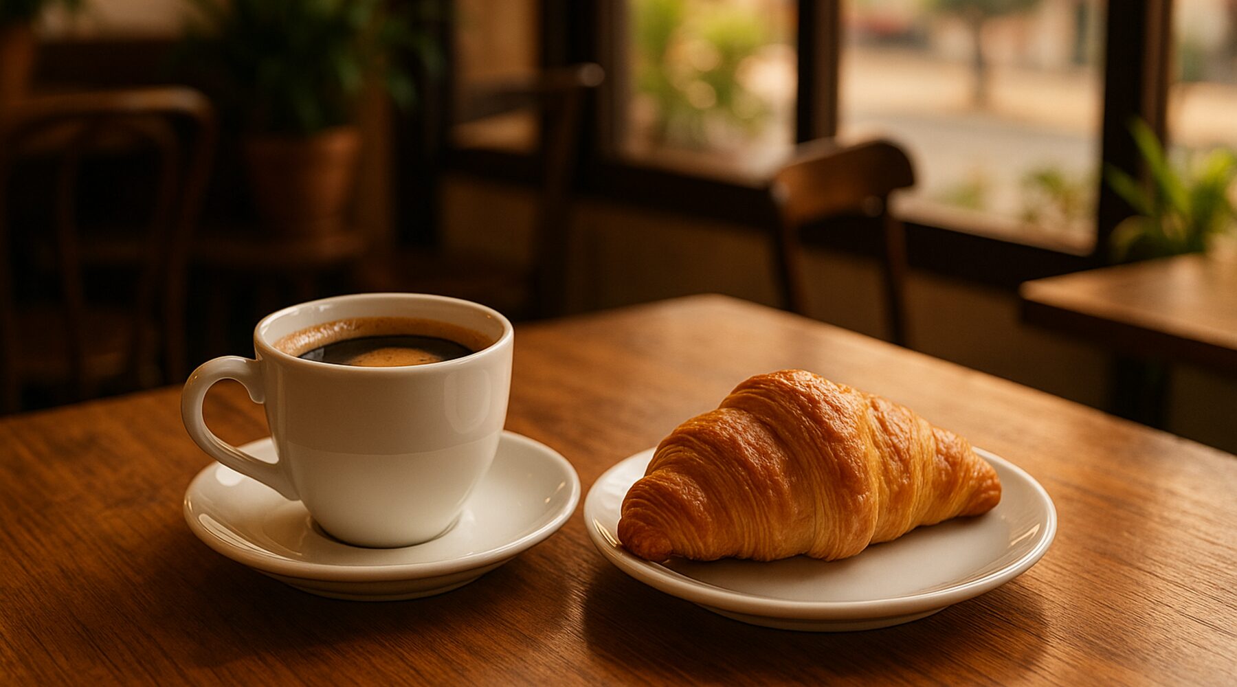 Café y panadería en una mesa de madera