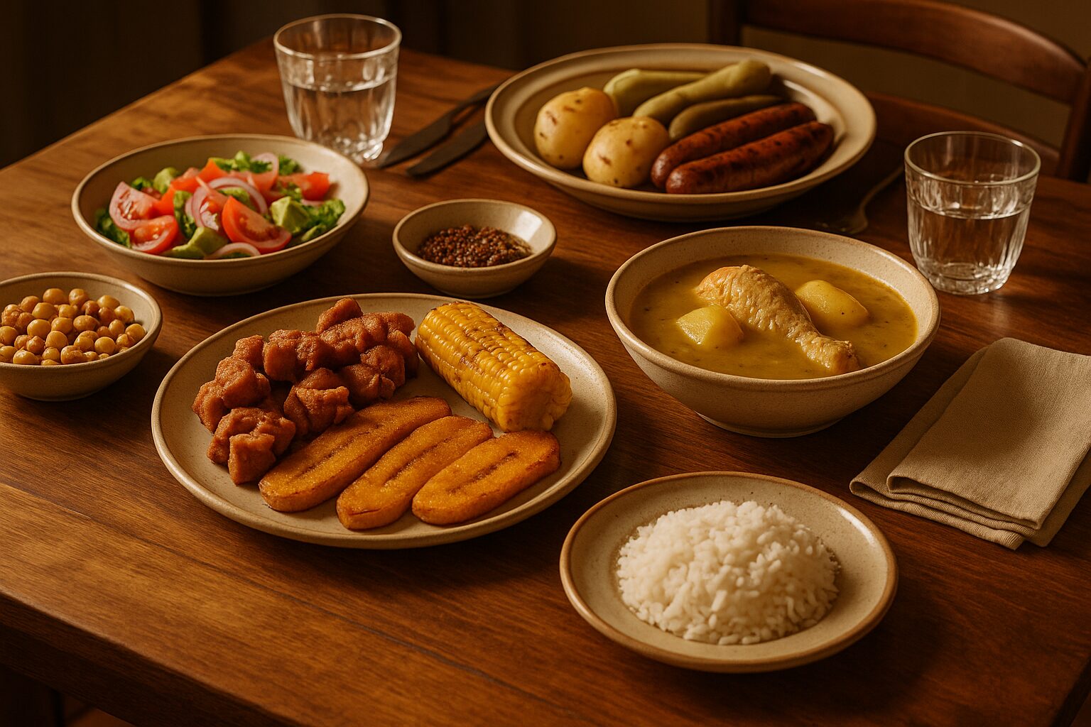 Mesa santandereana con platos tradicionales y servicio familiar en Bucaramanga